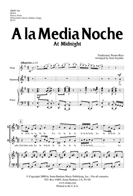 A la Media Noche : SSAA : Joan Szymko : Joan Szymko : Sheet Music Collection : SBMP304 : 964807003049